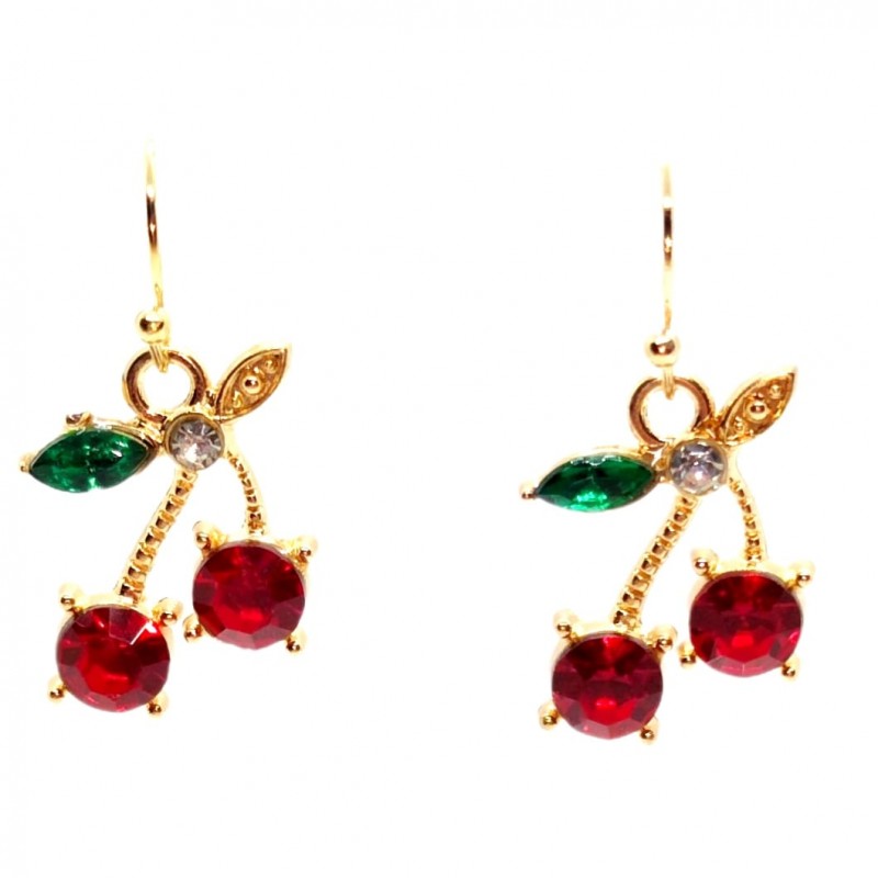 KOLCZYKI FUN CZERWONO ZŁOTE WISIENKI Z CYRKONII (076)