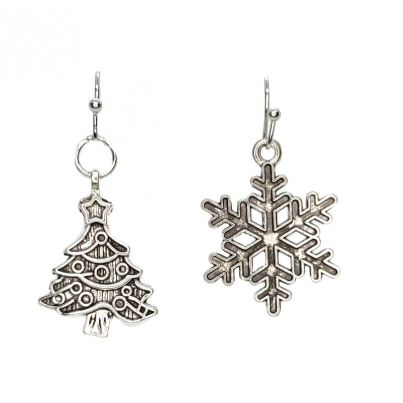 KOLCZYKI FUN IDĄ ŚWIĘTA SREBRNE CHOINKA I ŚNIEŻYNKA (BN020)