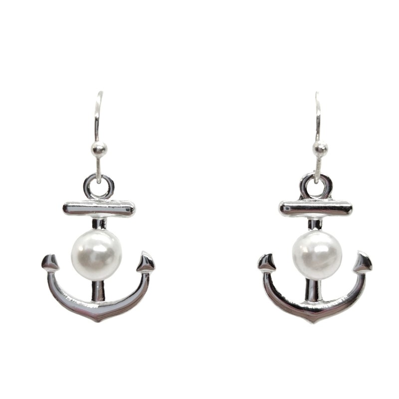 KOLCZYKI FUN KOTWICA W SREBRNYM KOLORZE Z PERŁĄ (088)