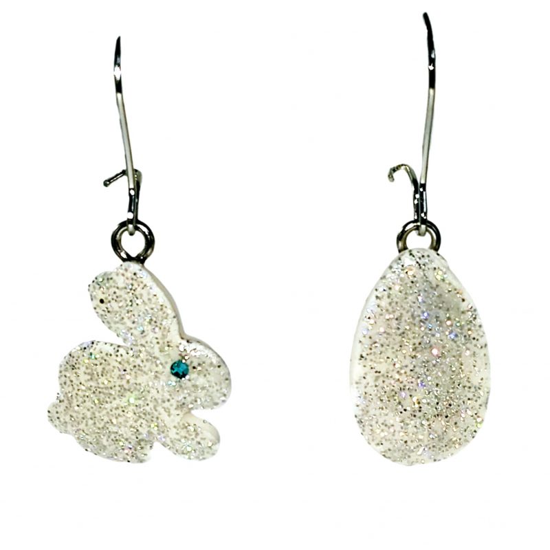 KOLCZYKI FUN WIELKANOC ZAJĄC I PISANKA SREBRNY BROKAT (GP018)