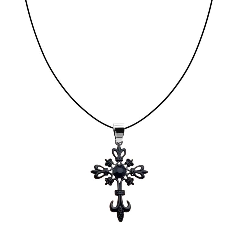 NASZYJNIK GOTYCKI KRZYŻ Z CZARNĄ CYRKONIĄ (NG005)