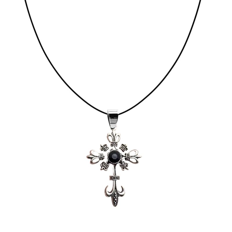 NASZYJNIK GOTYCKI KRZYŻ Z CZARNĄ CYRKONIĄ (NG003)